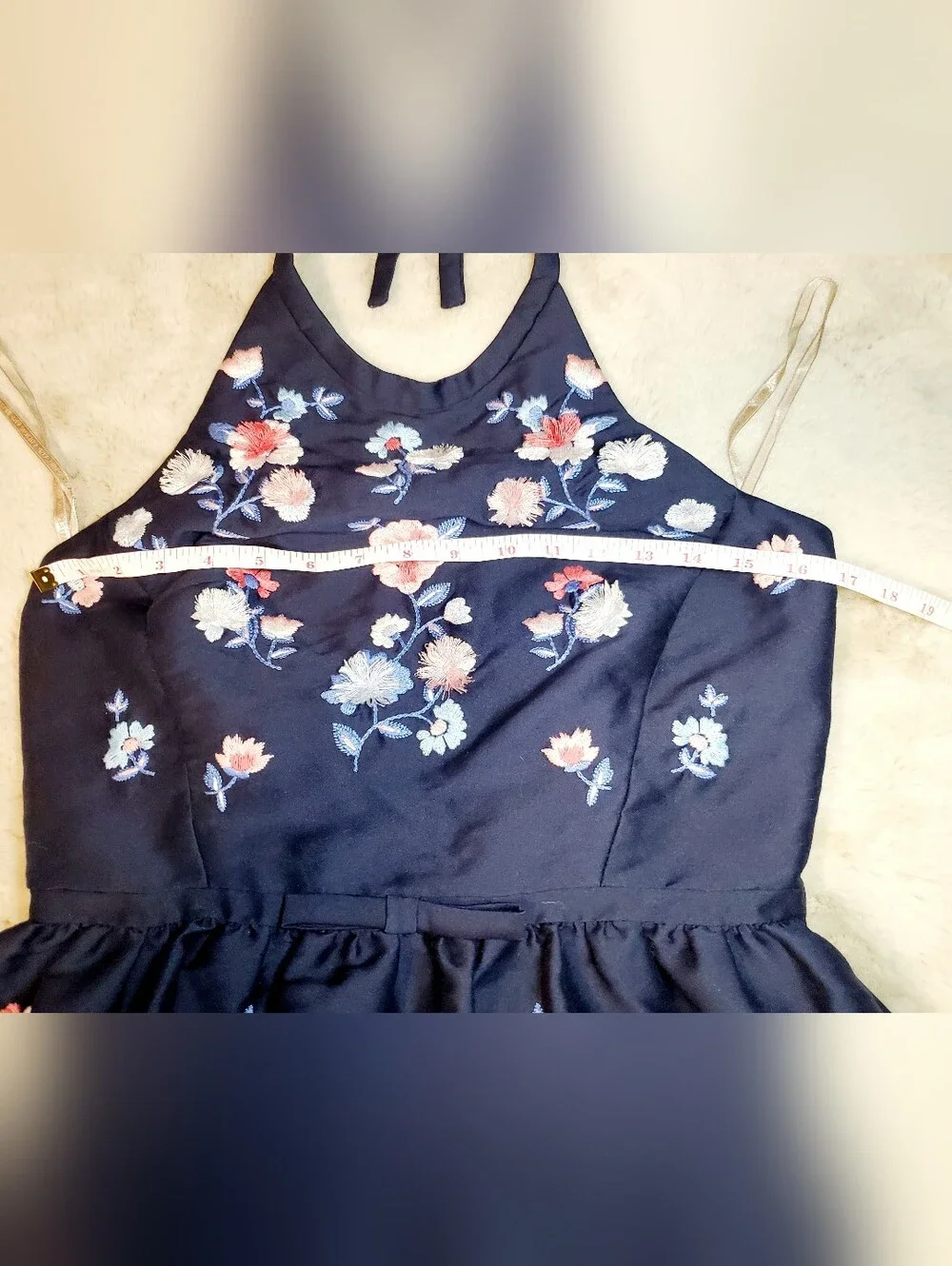 Kate Spade Pom Embroidered Floral Halter Dress Navy Size 8 Wedding Guest Hampton